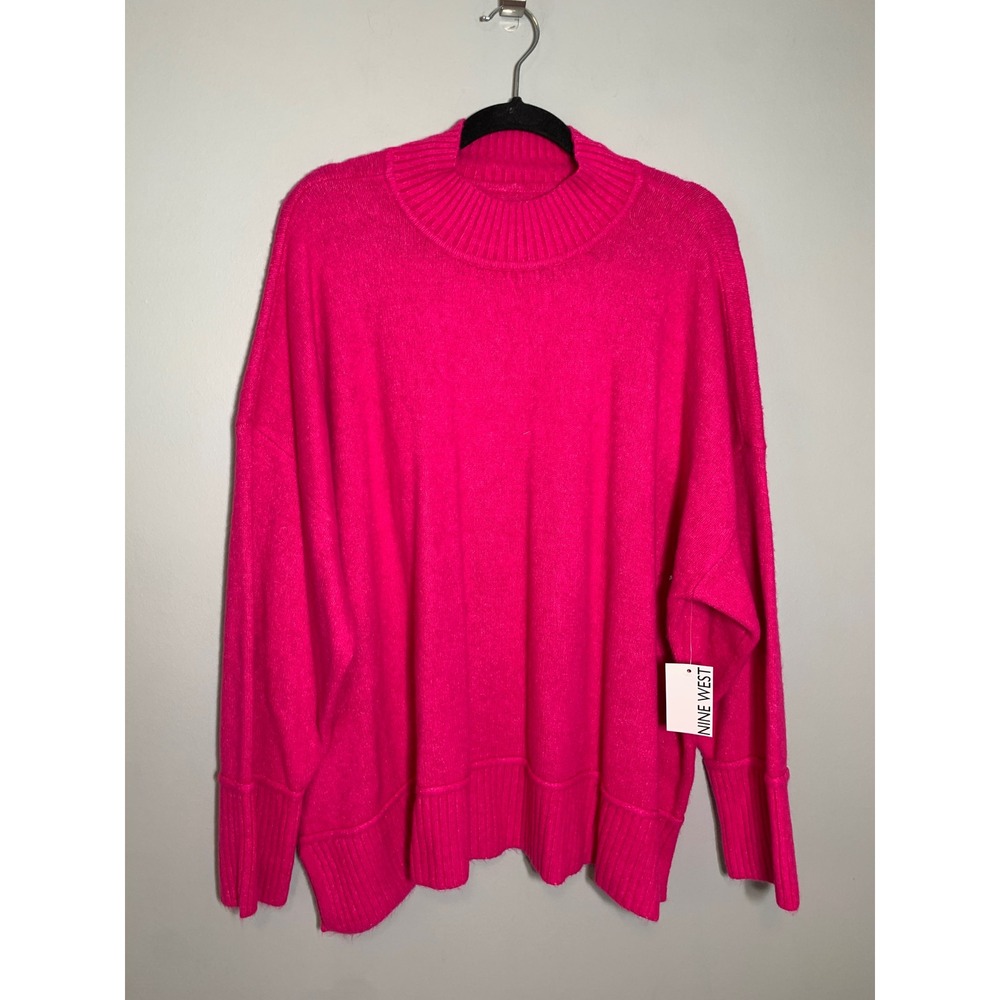 NEW Nine West Sweater Women 3X Hot Pink Mock Neck Oversized Knit Side Slit